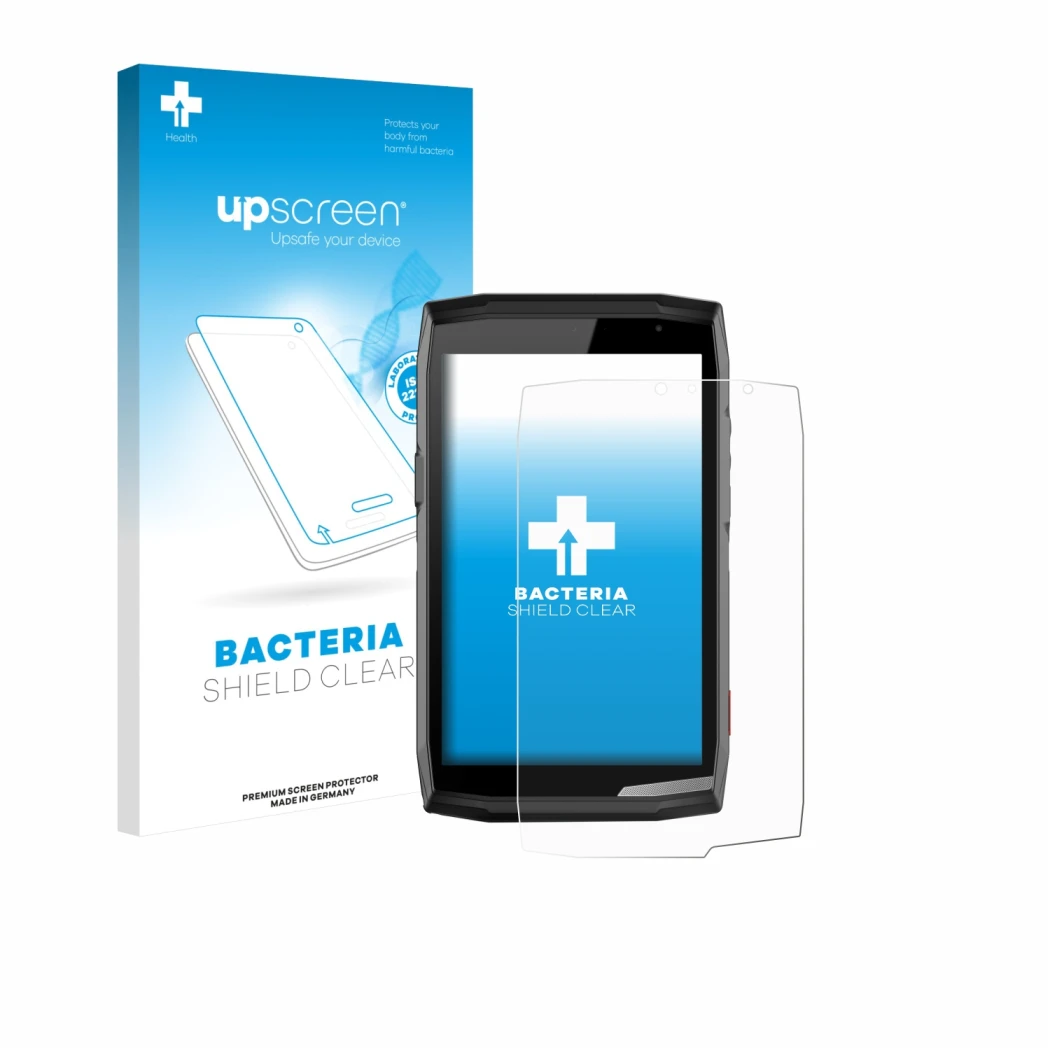 Face avant d’un emballage produit avec le logo de la marque upscreen. À côté, l’appareil Crosscall Core T5 est représenté avec