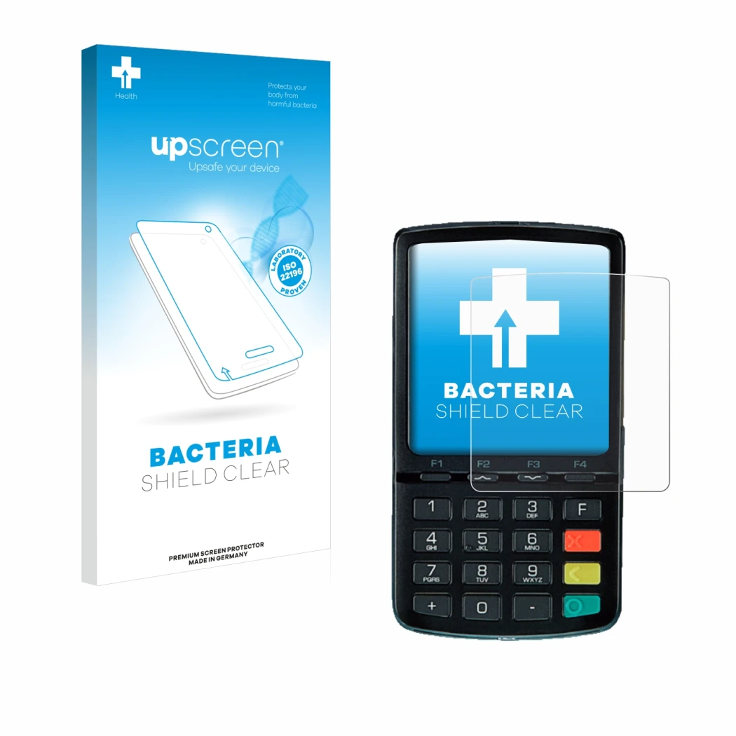 Face avant d’un emballage produit avec le logo de la marque upscreen. À côté, l’appareil ingenico Link/2500 est représenté ave
