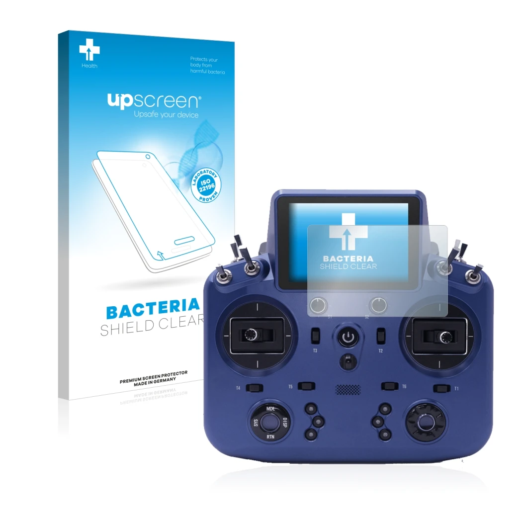 Face avant d’un emballage produit avec le logo de la marque upscreen. À côté, l’appareil FrSky Tandem X18 est représenté avec 
