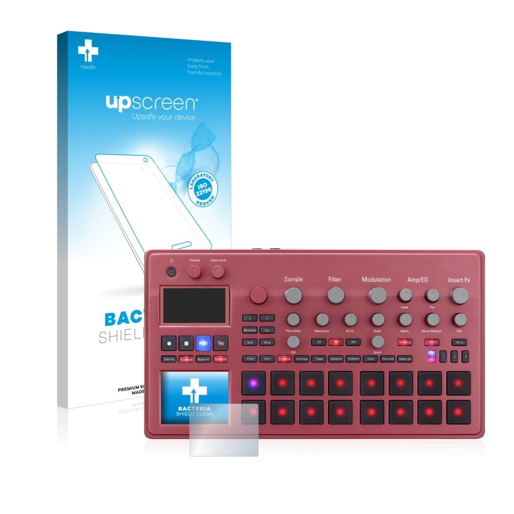 Face avant d’un emballage produit avec le logo de la marque upscreen. À côté, l’appareil KORG electribe Sampler est représenté