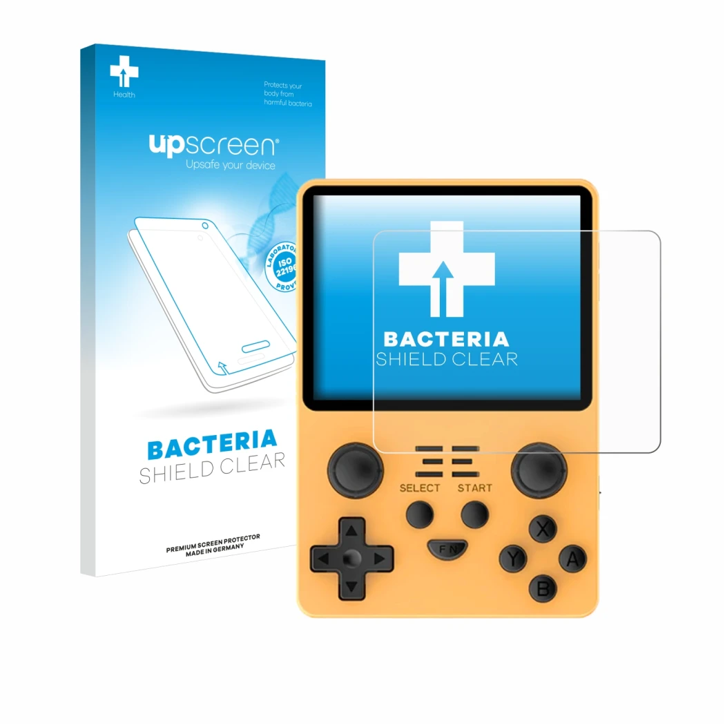 Face avant d’un emballage produit avec le logo de la marque upscreen. À côté, l’appareil Powkiddy RGB20S est représenté avec l