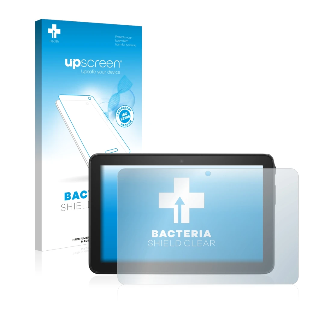 Face avant d’un emballage produit avec le logo de la marque upscreen. À côté, l’appareil Amazon Fire 7 2022 est représenté ave