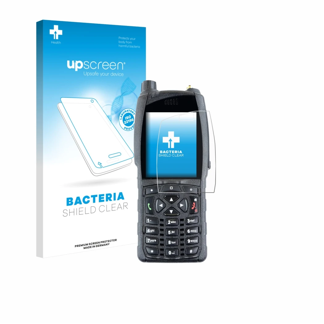 Face avant d’un emballage produit avec le logo de la marque upscreen. À côté, l’appareil Sepura SC20 est représenté avec la pr