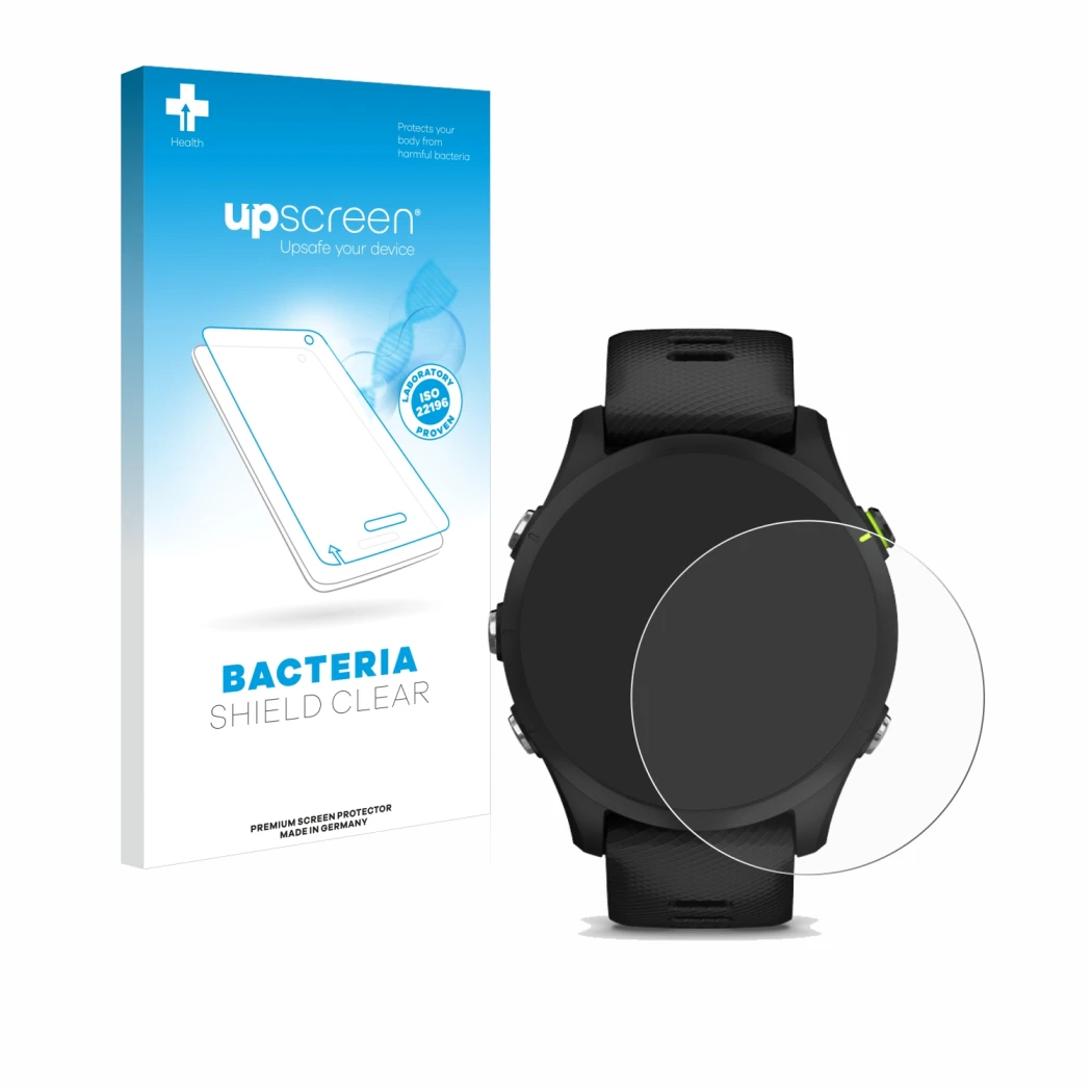 Face avant d’un emballage produit avec le logo de la marque upscreen. À côté, l’appareil Garmin Forerunner 255 est représenté 