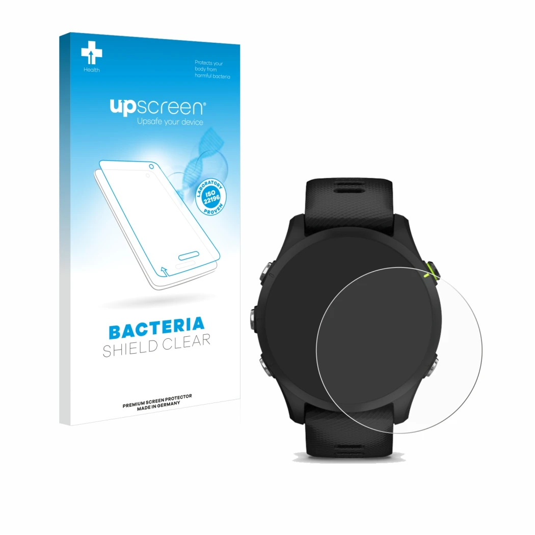 Face avant d’un emballage produit avec le logo de la marque upscreen. À côté, l’appareil Garmin Forerunner 255 Music est repré