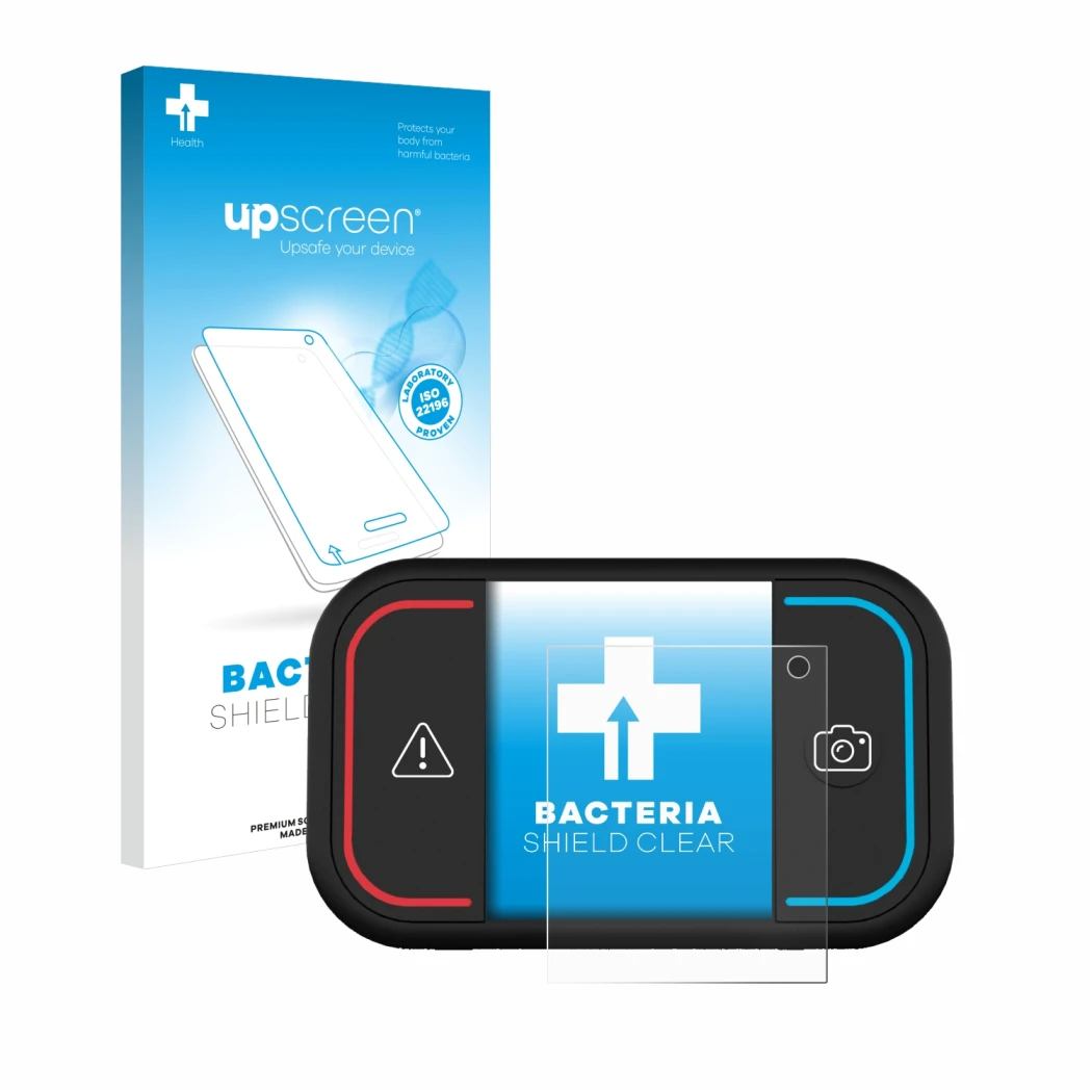 Face avant d’un emballage produit avec le logo de la marque upscreen. À côté, l’appareil Saphe Drive Mini est représenté avec 