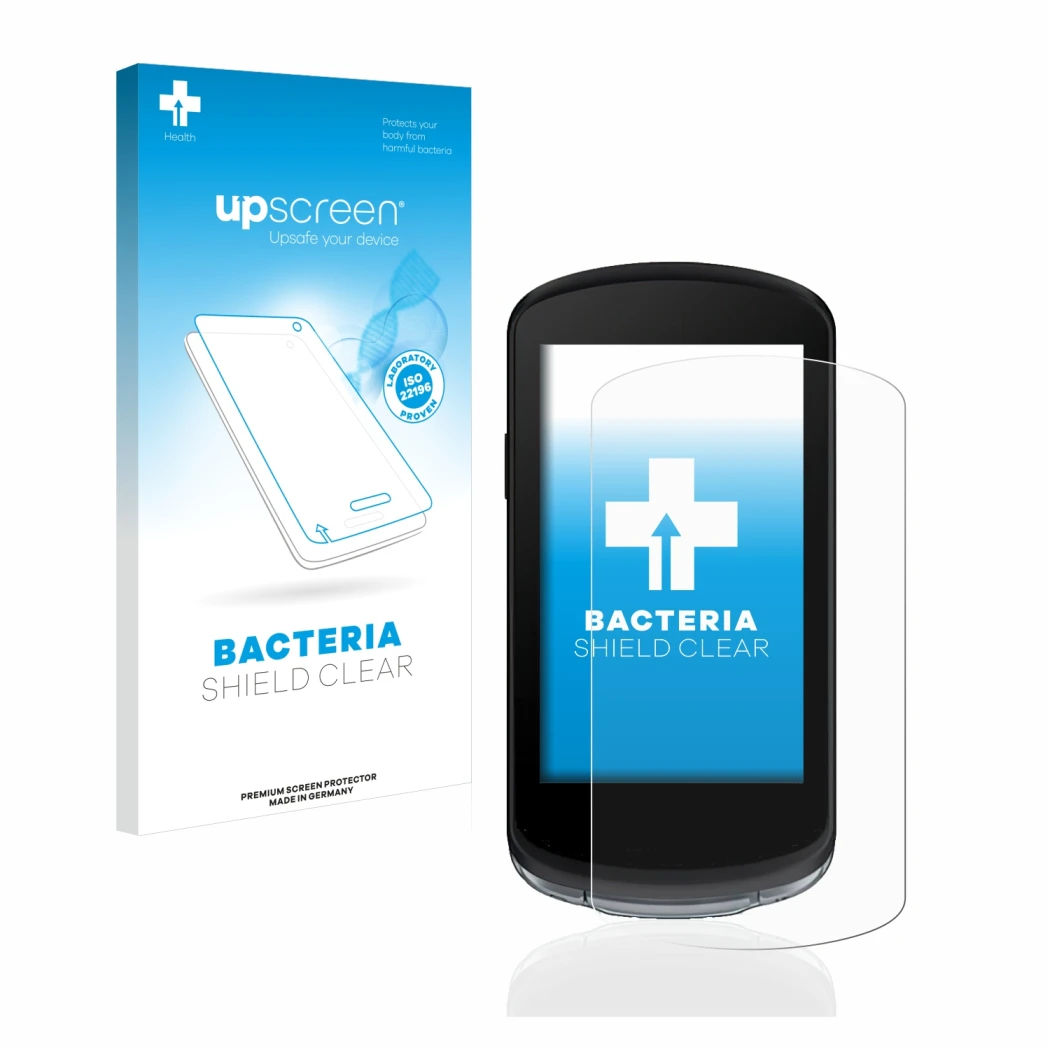 Face avant d’un emballage produit avec le logo de la marque upscreen. À côté, l’appareil Garmin Edge 1040 est représenté avec 