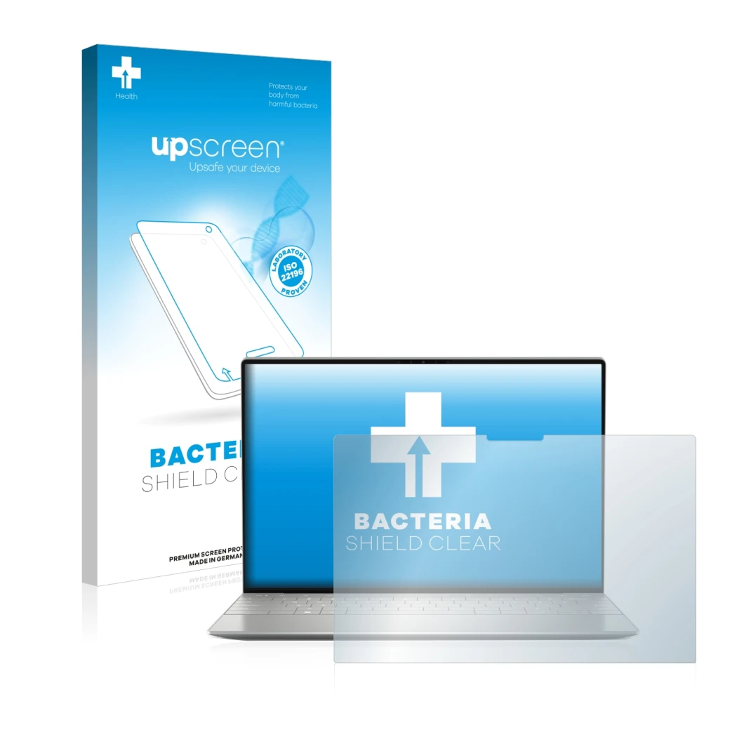 Face avant d’un emballage produit avec le logo de la marque upscreen. À côté, l’appareil Dell XPS 13 Plus 9320 Touch est repré