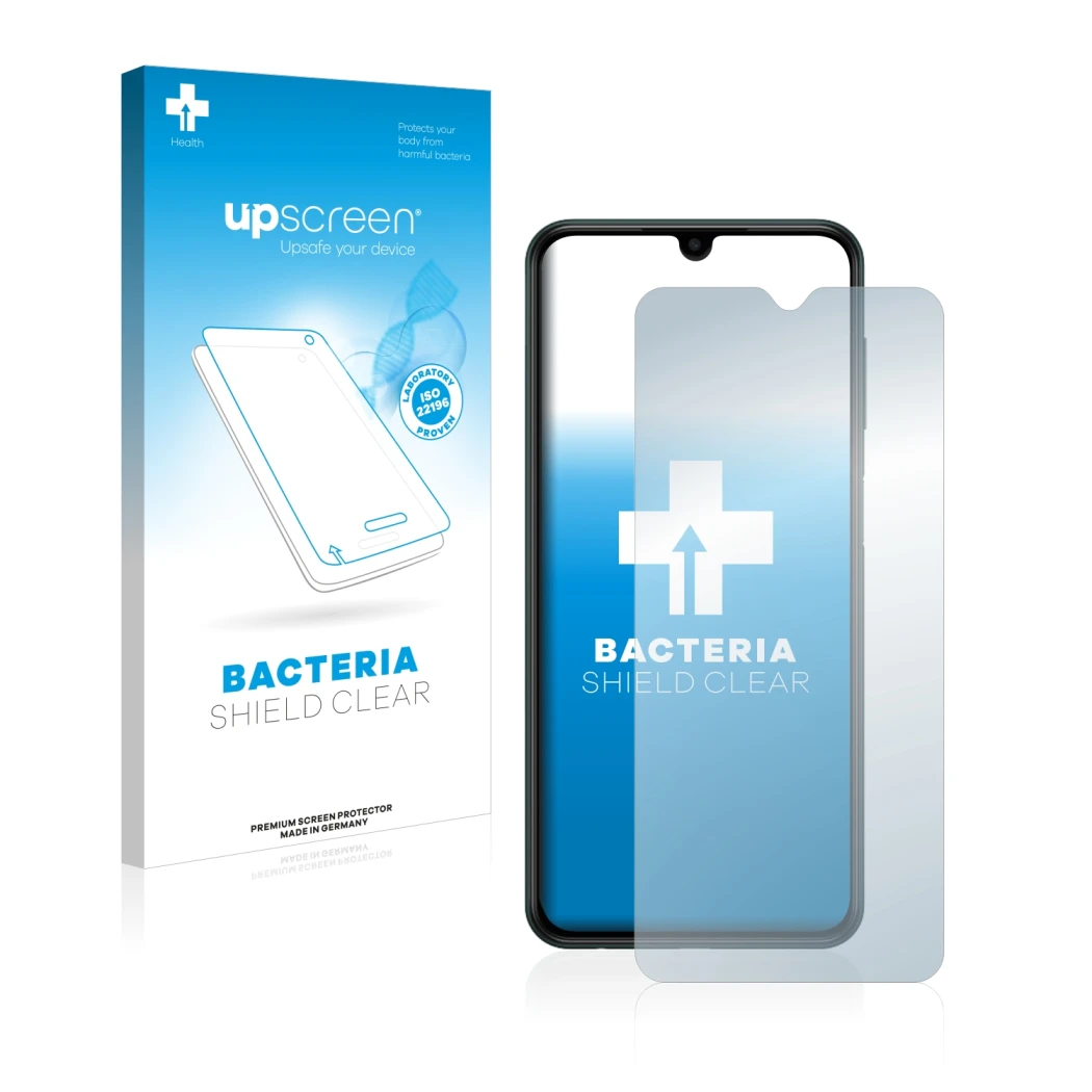 Face avant d’un emballage produit avec le logo de la marque upscreen. À côté, l’appareil Samsung Galaxy M13 est représenté ave