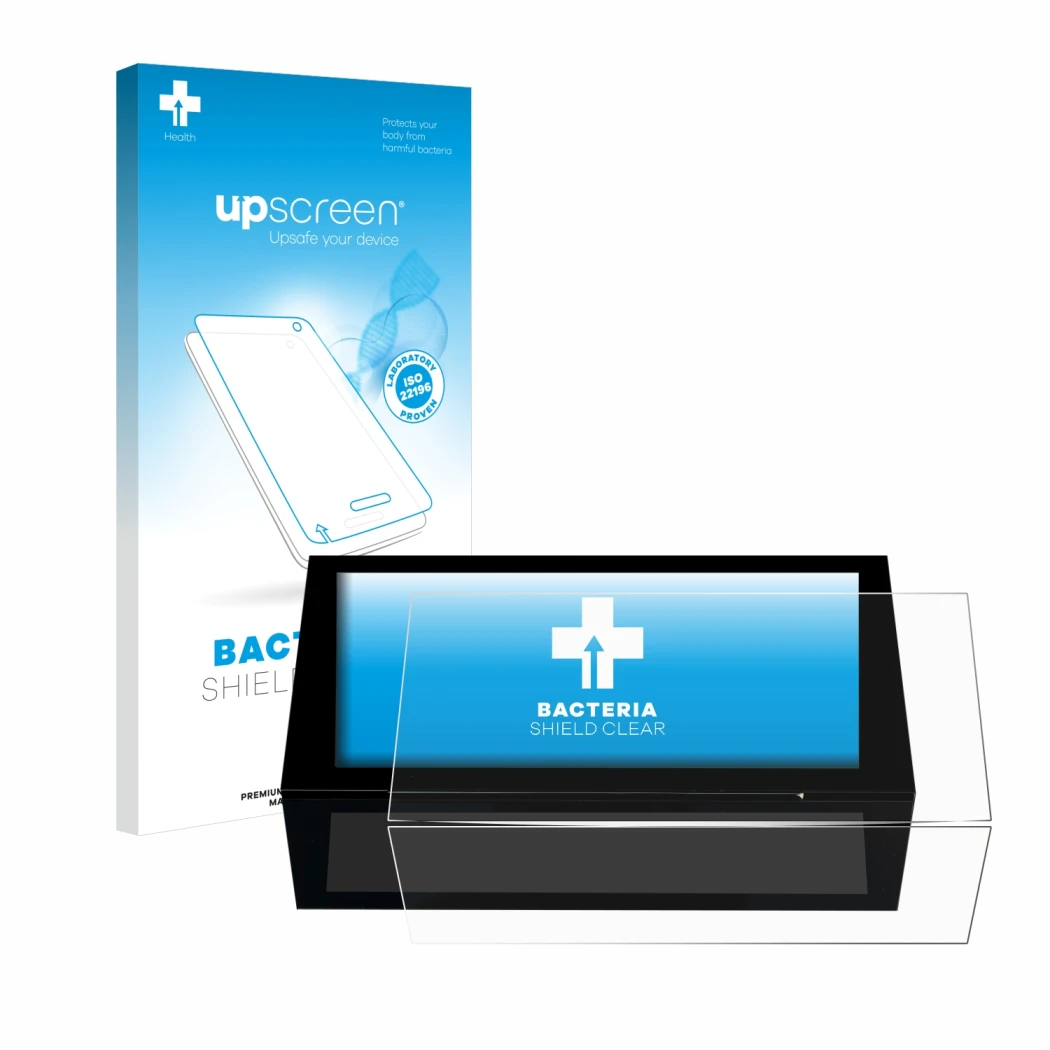 Face avant d’un emballage produit avec le logo de la marque upscreen. À côté, l’appareil Peugeot 308 2022 Infotainment System 