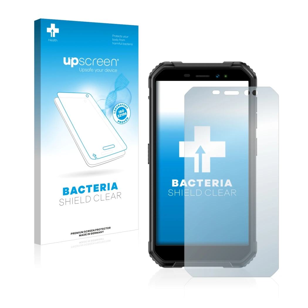 Face avant d’un emballage produit avec le logo de la marque upscreen. À côté, l’appareil Ulefone Armor X6 Pro est représenté a