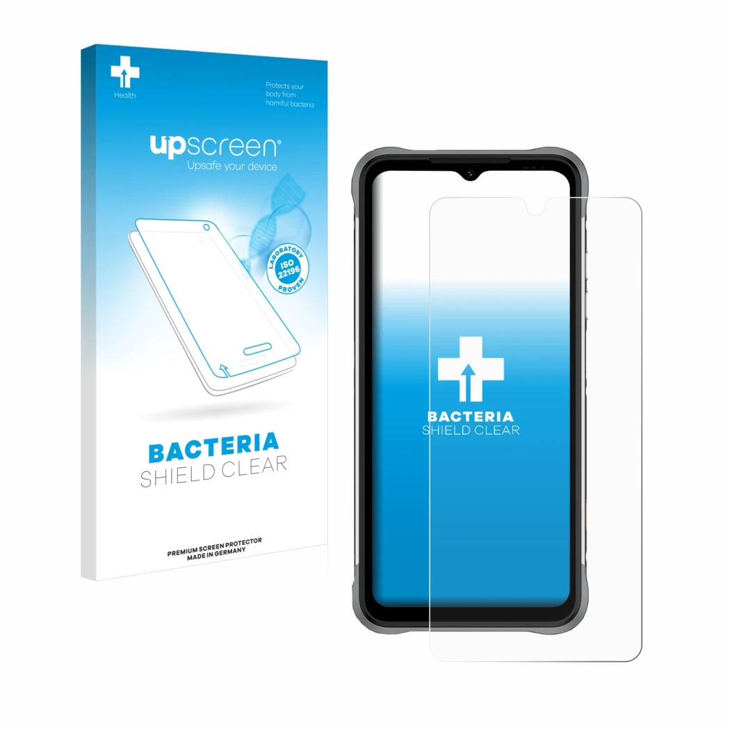 Face avant d’un emballage produit avec le logo de la marque upscreen. À côté, l’appareil Umidigi Bison X10 est représenté avec