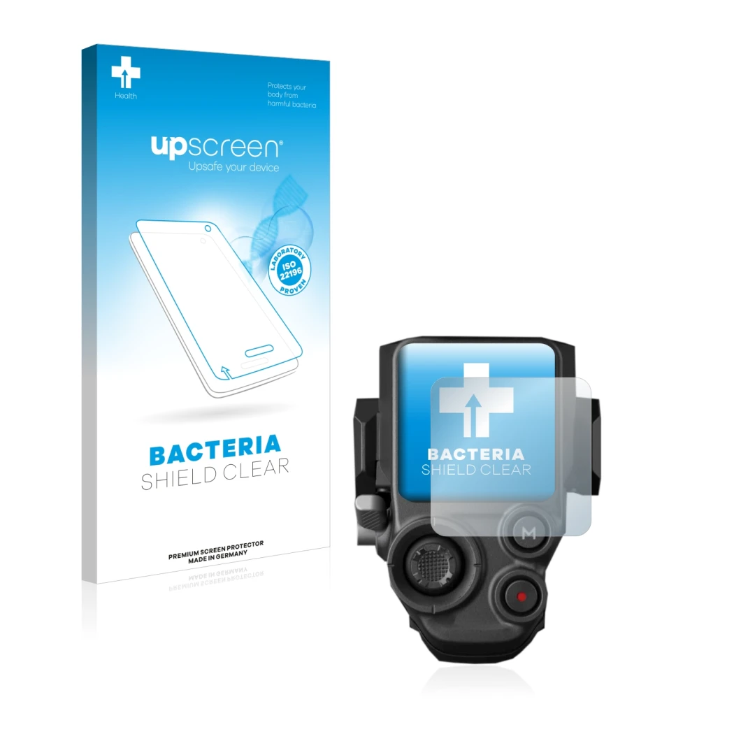 Face avant d’un emballage produit avec le logo de la marque upscreen. À côté, l’appareil DJI RS 3 est représenté avec la prote