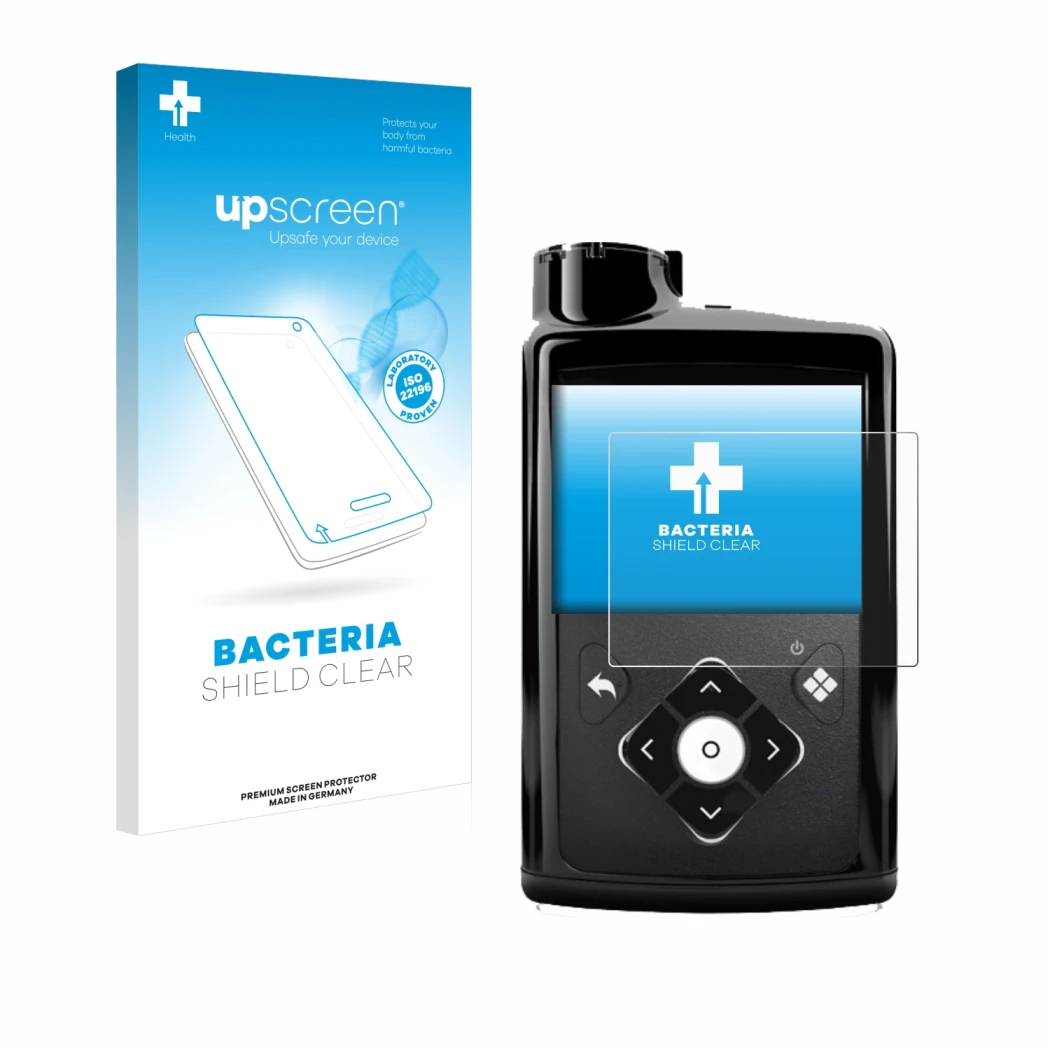 Face avant d’un emballage produit avec le logo de la marque upscreen. À côté, l’appareil Medtronic Minimed 780G est représenté