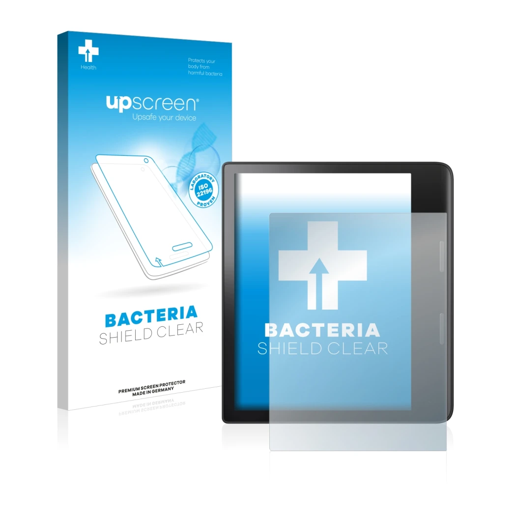 Face avant d’un emballage produit avec le logo de la marque upscreen. À côté, l’appareil Tolino Epos 3 est représenté avec la