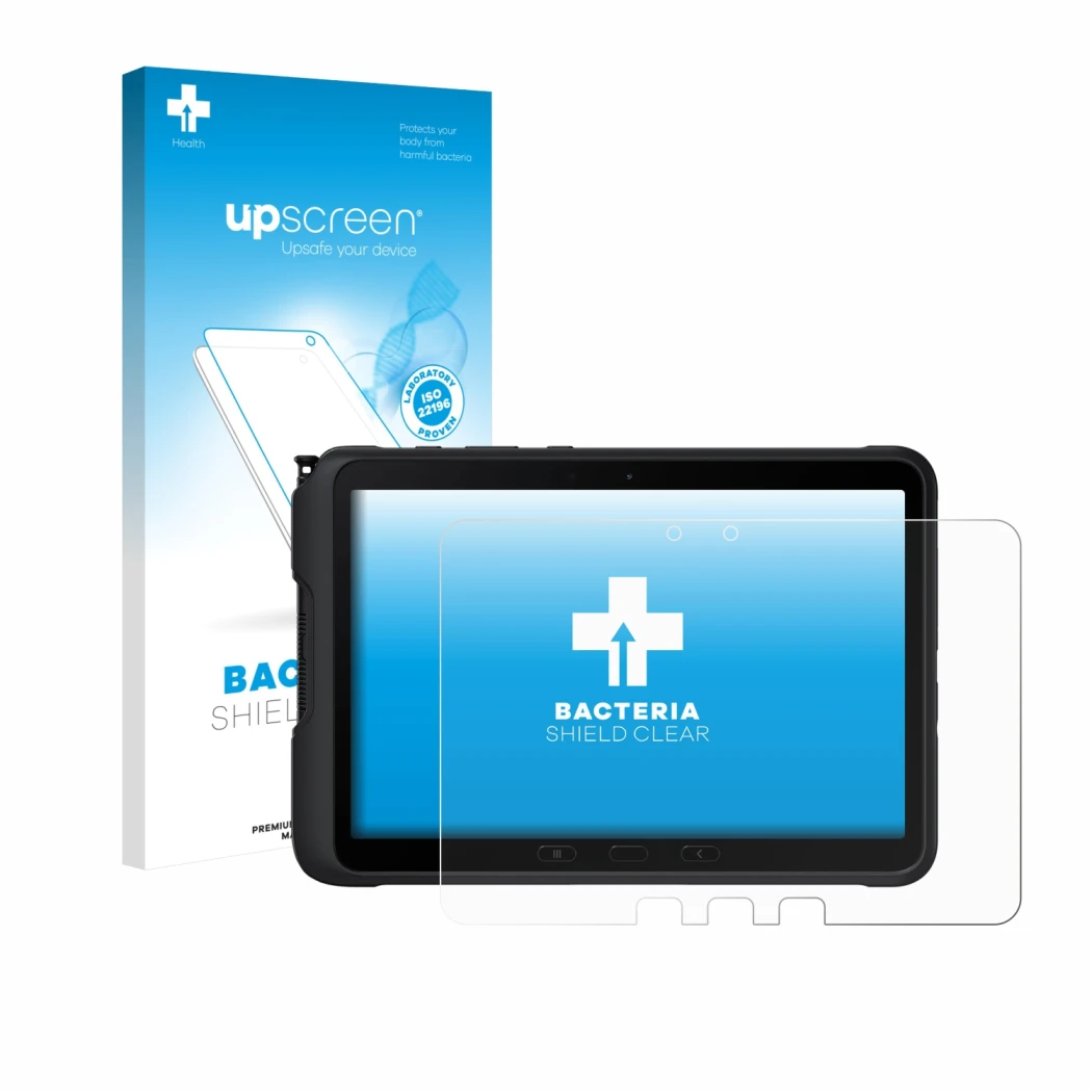 Face avant d’un emballage produit avec le logo de la marque upscreen. À côté, l’appareil Samsung Galaxy Tab Active 4 Pro est r