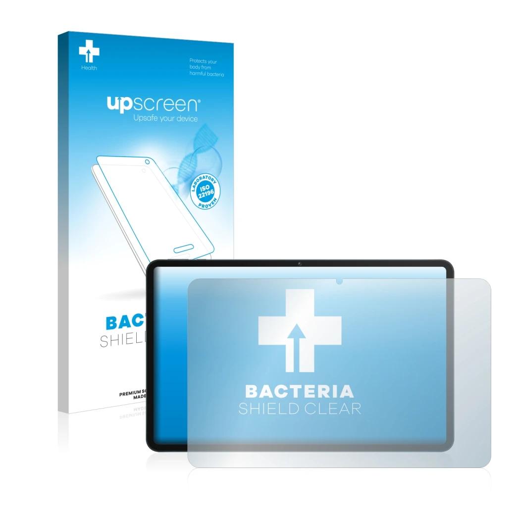 Face avant d’un emballage produit avec le logo de la marque upscreen. À côté, l’appareil Honor Pad 8 est représenté avec la pr