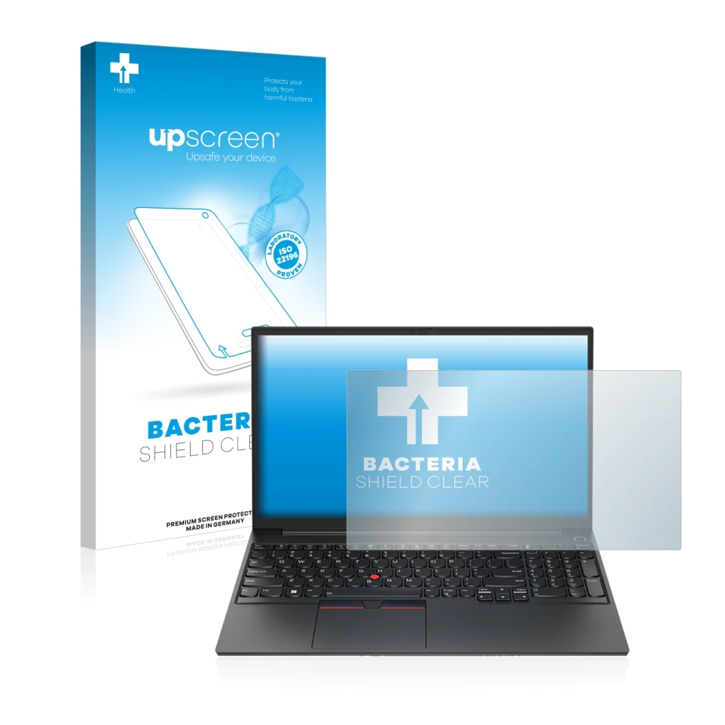 Face avant d’un emballage produit avec le logo de la marque upscreen. À côté, l’appareil Lenovo ThinkPad E15 Gen 4 est représe