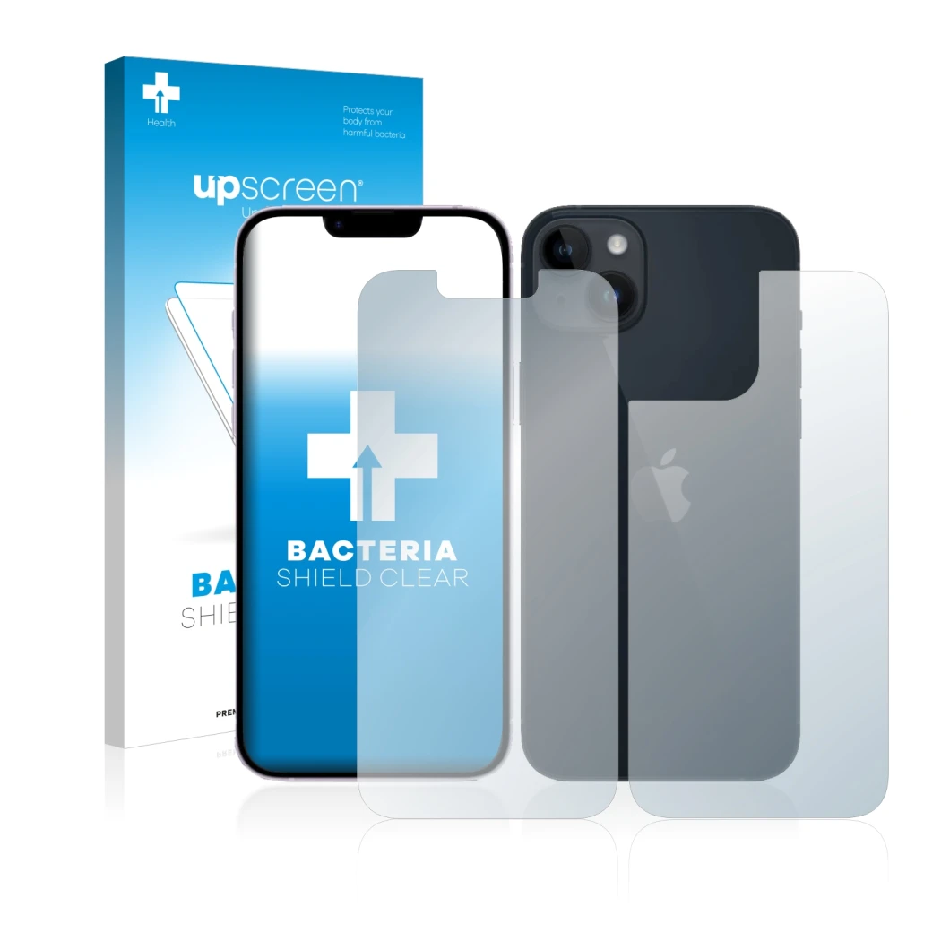 Face avant d’un emballage produit avec le logo de la marque upscreen. À côté, l’appareil Apple iPhone 14 (Avant+Arrière) est r