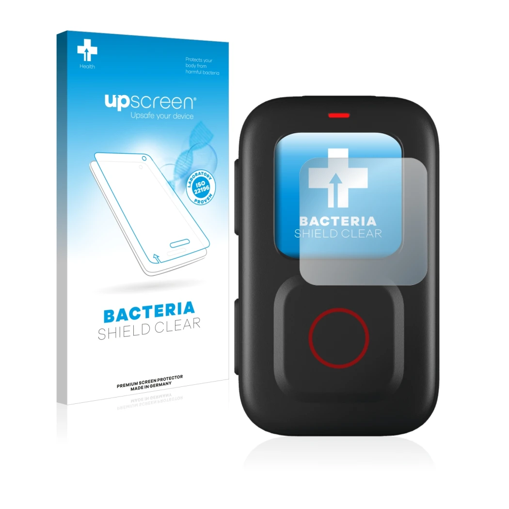 Face avant d’un emballage produit avec le logo de la marque upscreen. À côté, l’appareil GoPro Remote est représenté avec la p