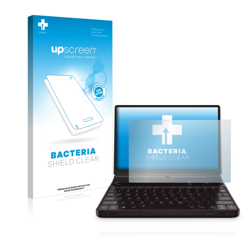 Face avant d’un emballage produit avec le logo de la marque upscreen. À côté, l’appareil GPD Win Max 2 est représenté avec la 