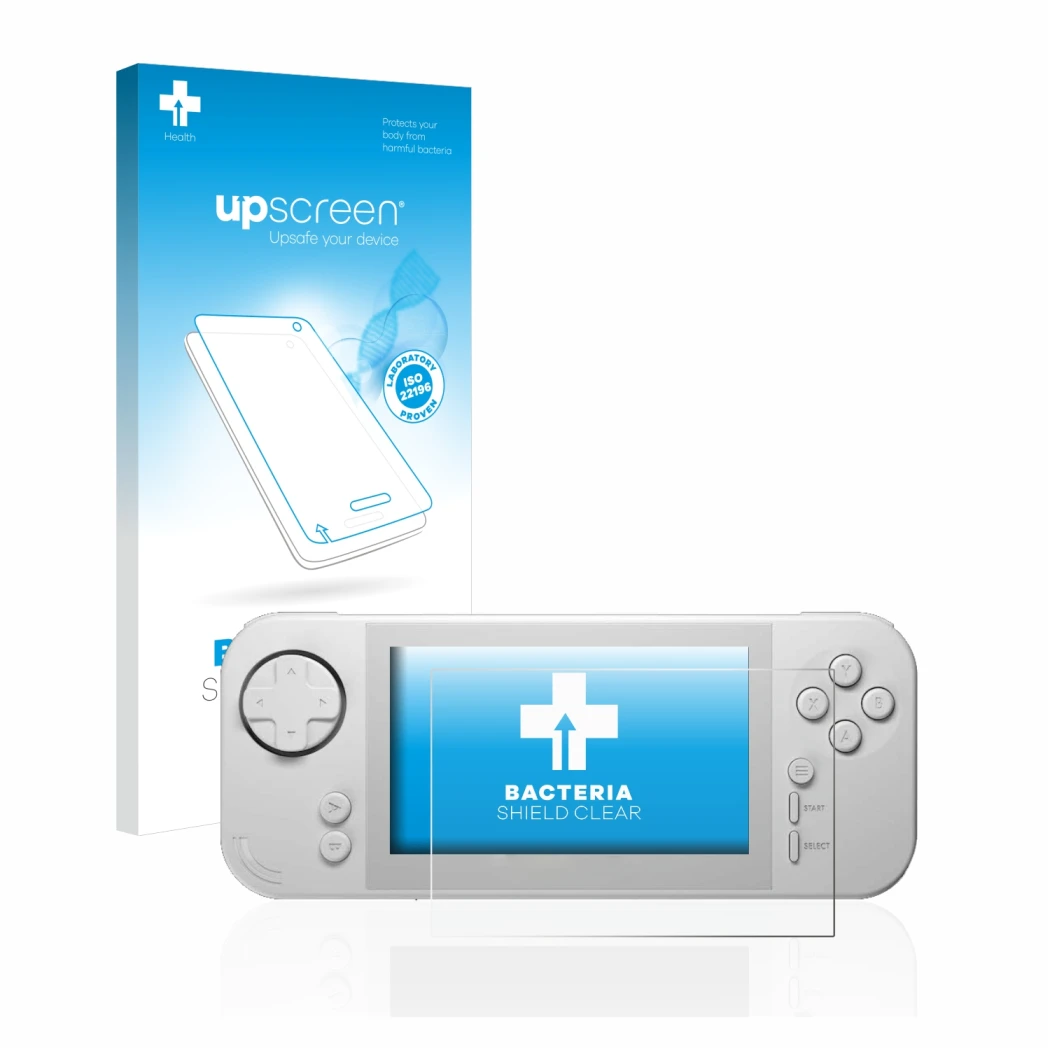 Face avant d’un emballage produit avec le logo de la marque upscreen. À côté, l’appareil Evercade EXP est représenté avec la p