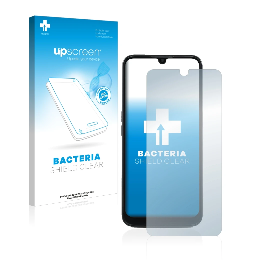 Face avant d’un emballage produit avec le logo de la marque upscreen. À côté, l’appareil Doro 8100 PLUS est représenté avec la
