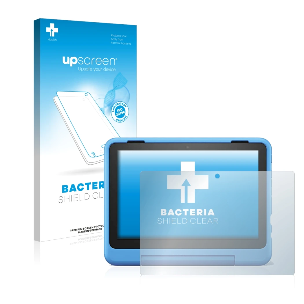 Face avant d’un emballage produit avec le logo de la marque upscreen. À côté, l’appareil Amazon Fire HD 8 Kids Pro 2022 est re