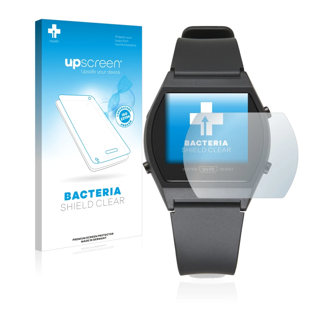 Face avant d’un emballage produit avec le logo de la marque upscreen. À côté, l’appareil Casio LW-204-1BEF est représenté avec