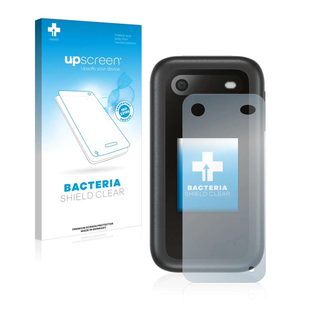 Face avant d’un emballage produit avec le logo de la marque upscreen. À côté, l’appareil Nokia 2660 Flip (Arrière) est représe