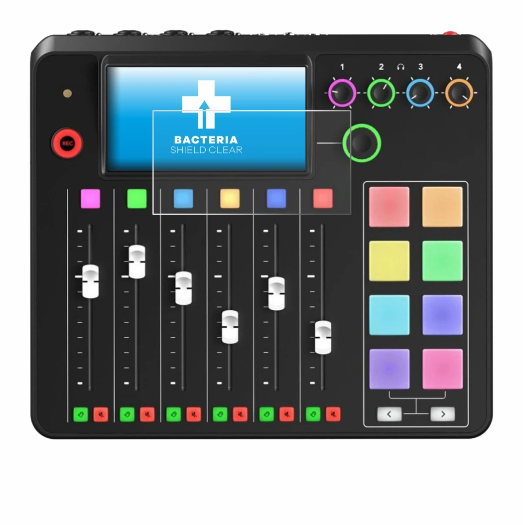 Image de l'appareil Rode Rodecaster Pro II avec une grande variété de protections d'écran.