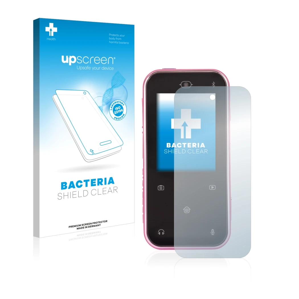 Face avant d’un emballage produit avec le logo de la marque upscreen. À côté, l’appareil Vtech Kidizoom Snap Touch est représe