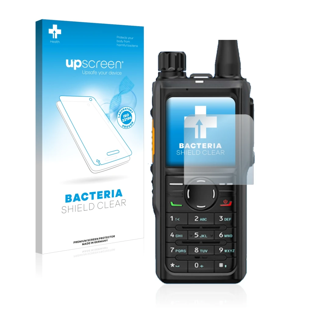 Face avant d’un emballage produit avec le logo de la marque upscreen. À côté, l’appareil Hytera HP 685 est représenté avec la