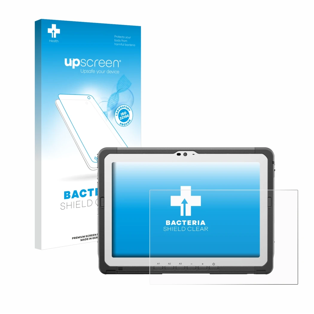 Face avant d’un emballage produit avec le logo de la marque upscreen. À côté, l’appareil Panasonic Toughbook FZ-A3 est représe