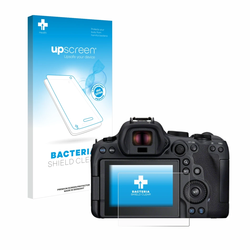 Face avant d’un emballage produit avec le logo de la marque upscreen. À côté, l’appareil Canon EOS R6 Mark II est représenté a