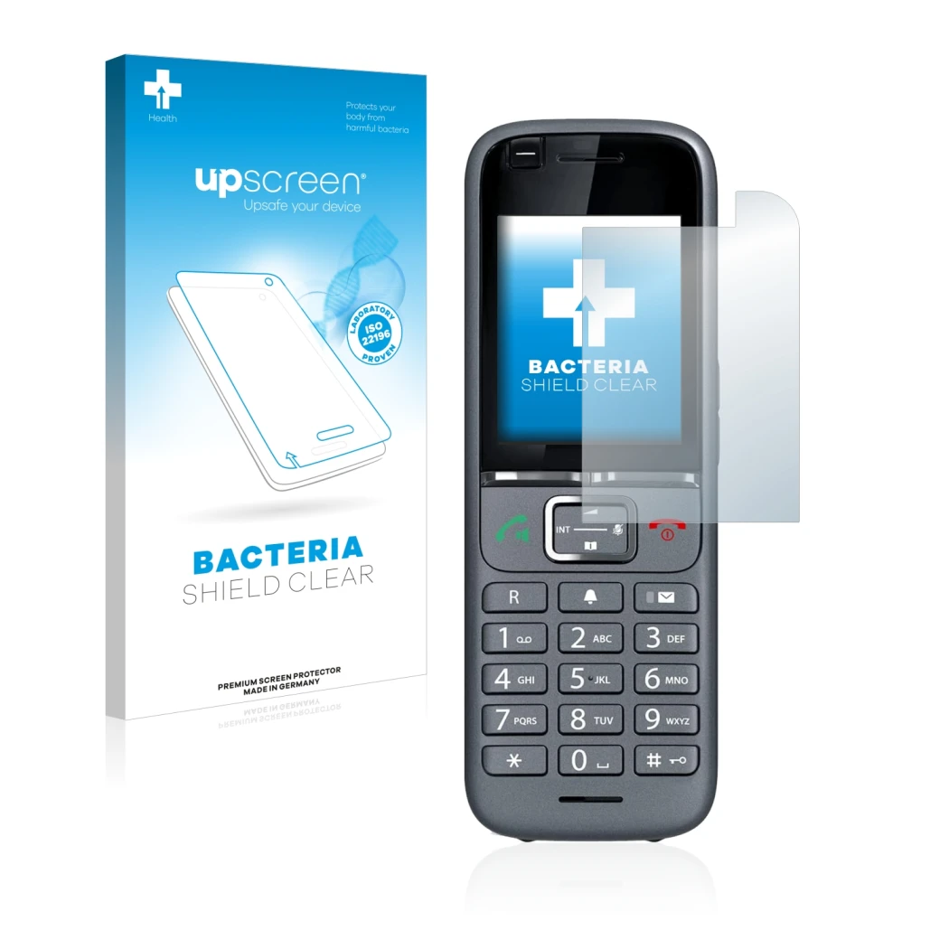 Face avant d’un emballage produit avec le logo de la marque upscreen. À côté, l’appareil Gigaset S700H PRO est représenté avec