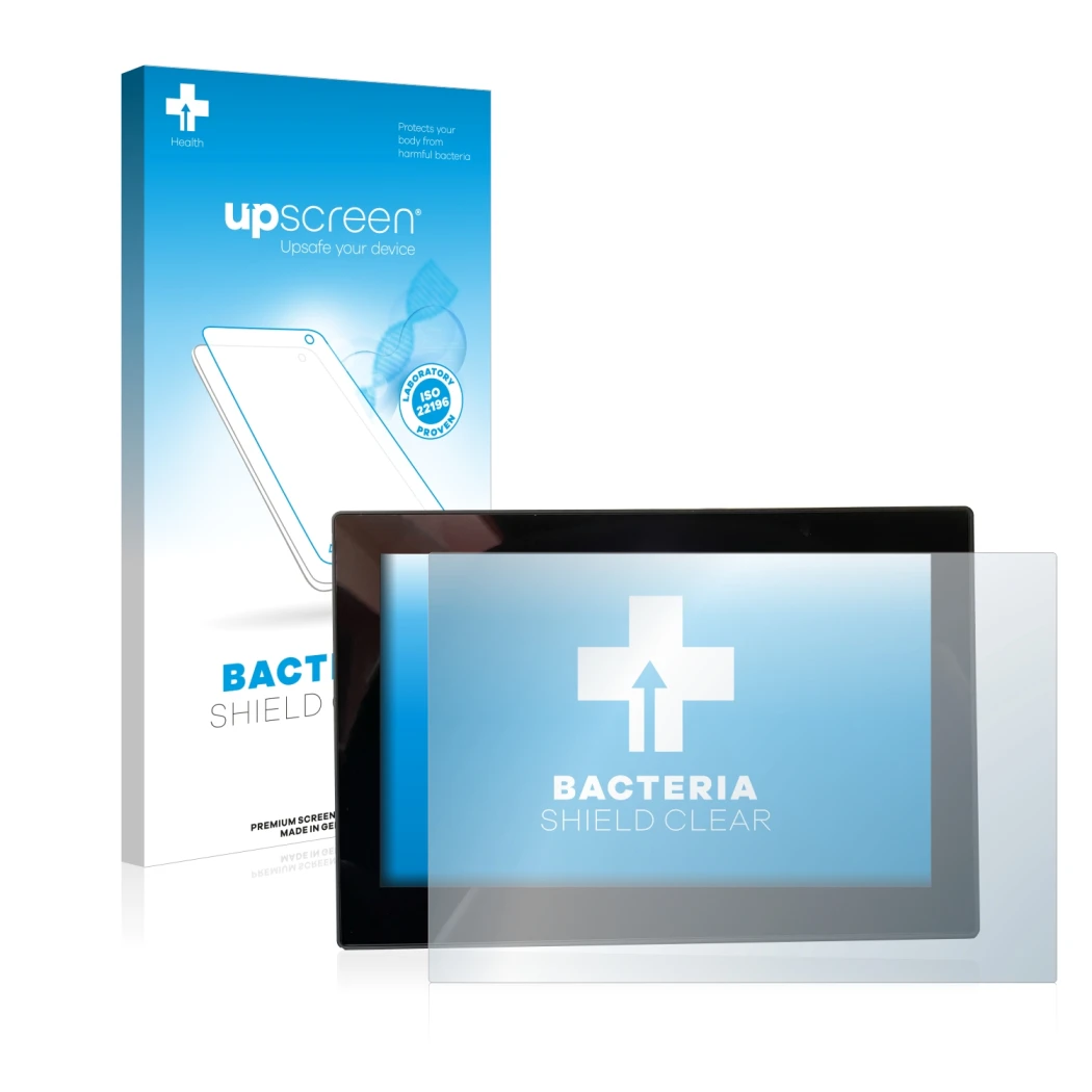 Face avant d’un emballage produit avec le logo de la marque upscreen. À côté, l’appareil MG 4 7-Zoll Digitales Instrumentendis