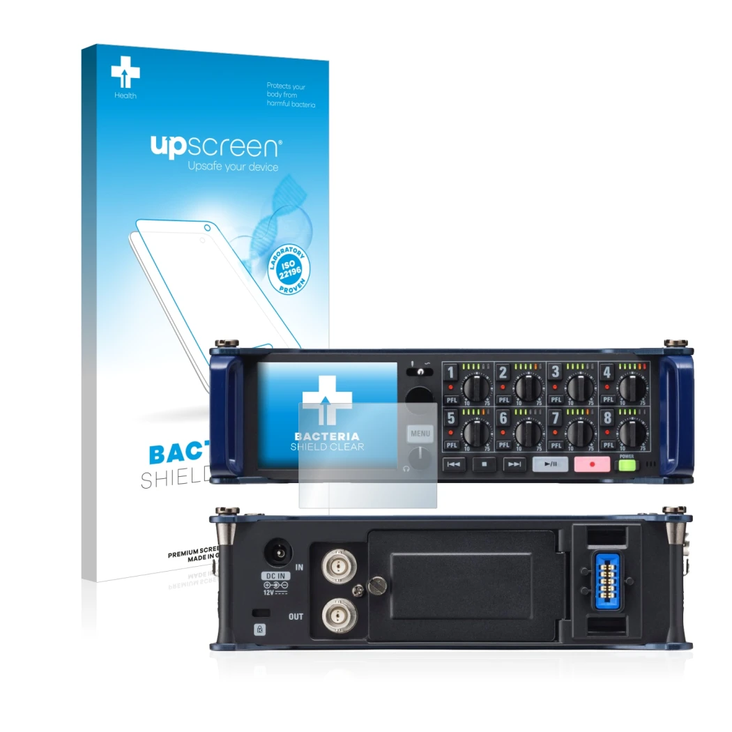 Face avant d’un emballage produit avec le logo de la marque upscreen. À côté, l’appareil Zoom F8 field recorder est représenté
