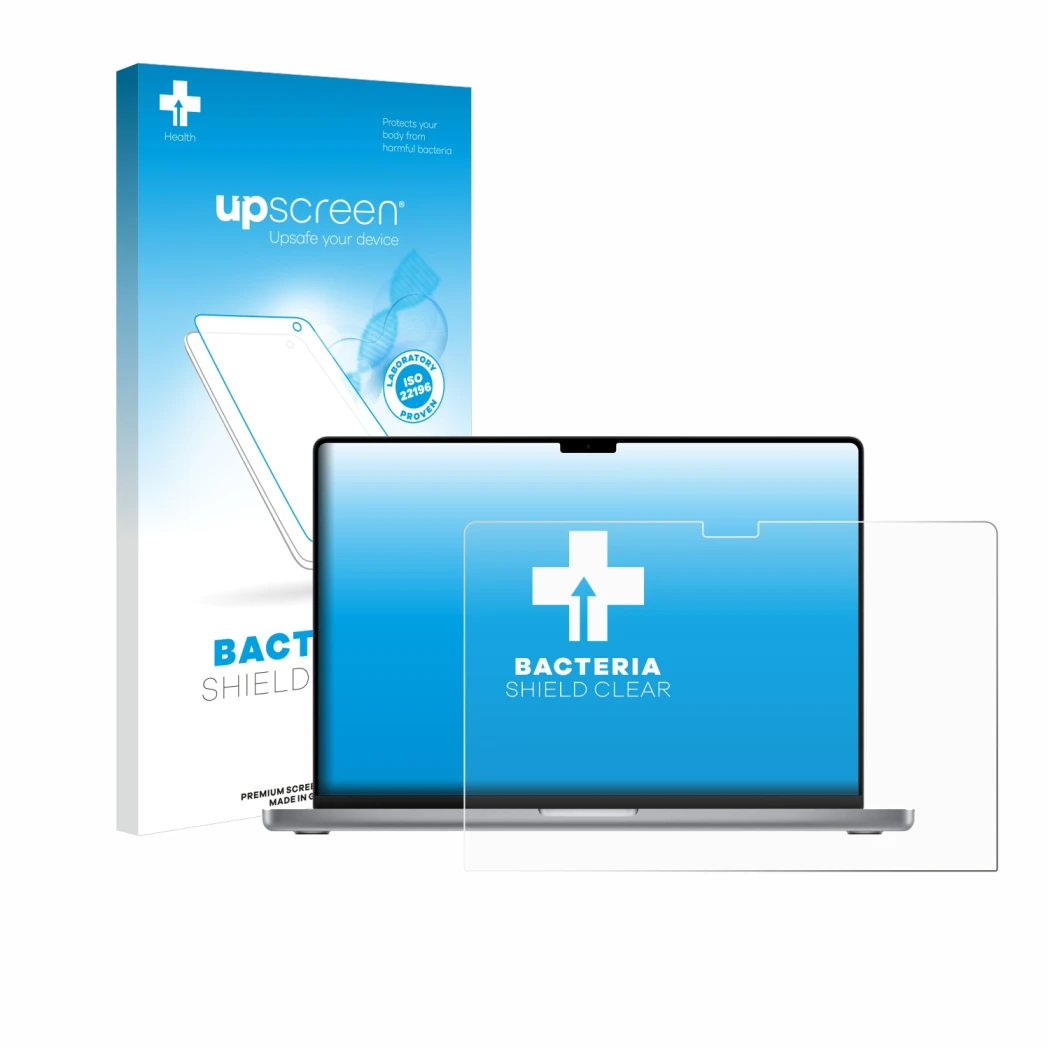 Face avant d’un emballage produit avec le logo de la marque upscreen. À côté, l’appareil Apple MacBook Pro 16