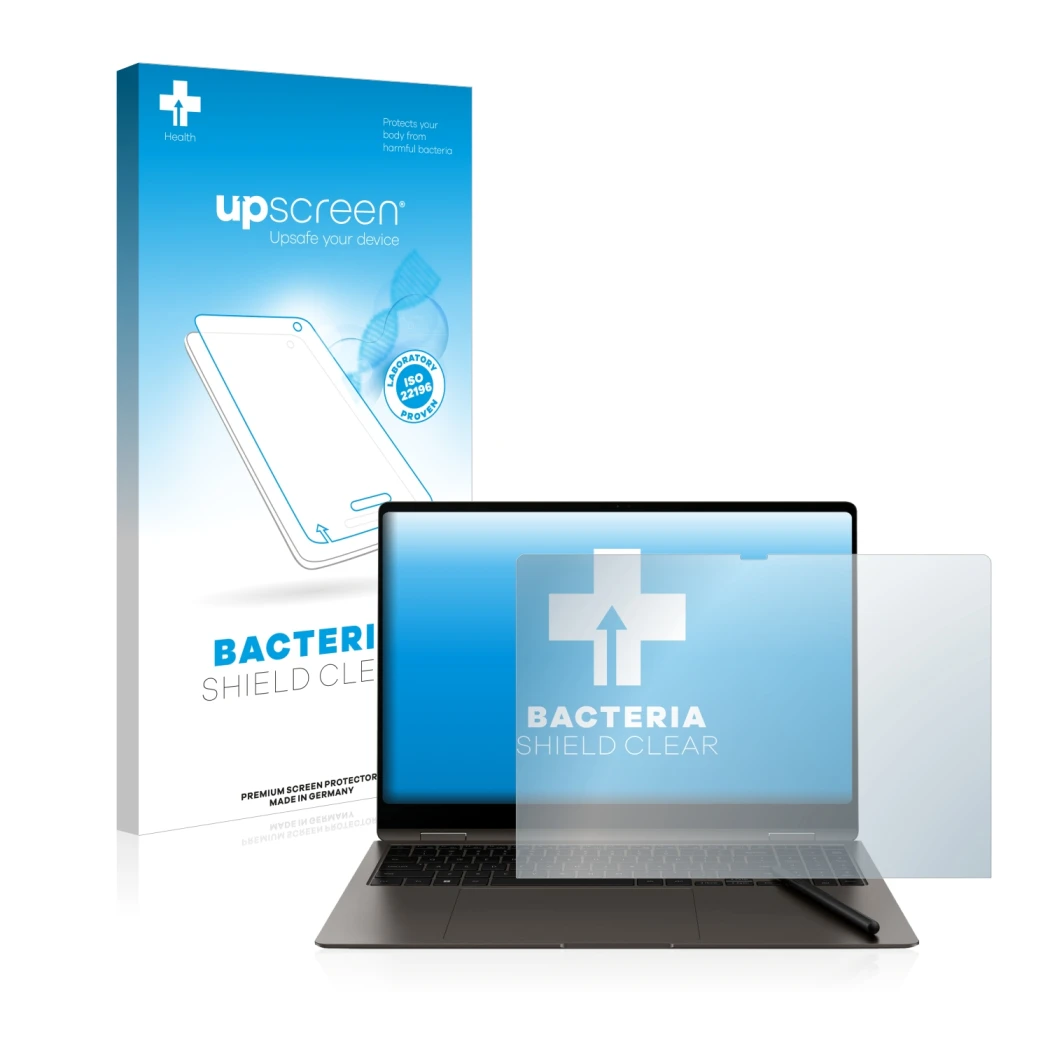 Face avant d’un emballage produit avec le logo de la marque upscreen. À côté, l’appareil Samsung Galaxy Book3 Pro 360 16