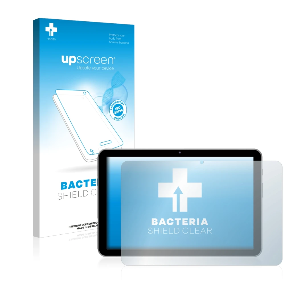 Face avant d’un emballage produit avec le logo de la marque upscreen. À côté, l’appareil Peaq PET 1008 est représenté avec la 