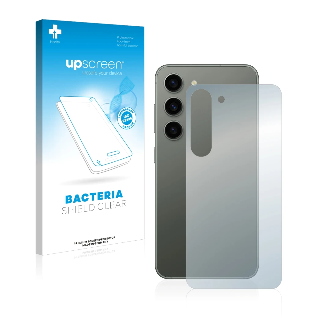 Face avant d’un emballage produit avec le logo de la marque upscreen. À côté, l’appareil Samsung Galaxy S23 Plus (Arrière) est