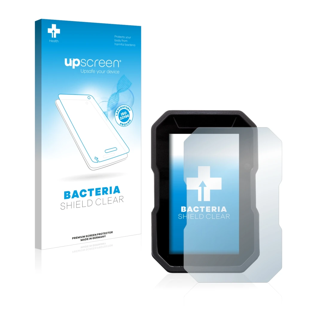 Face avant d’un emballage produit avec le logo de la marque upscreen. À côté, l’appareil Ducati DesertX 2022 est représenté av