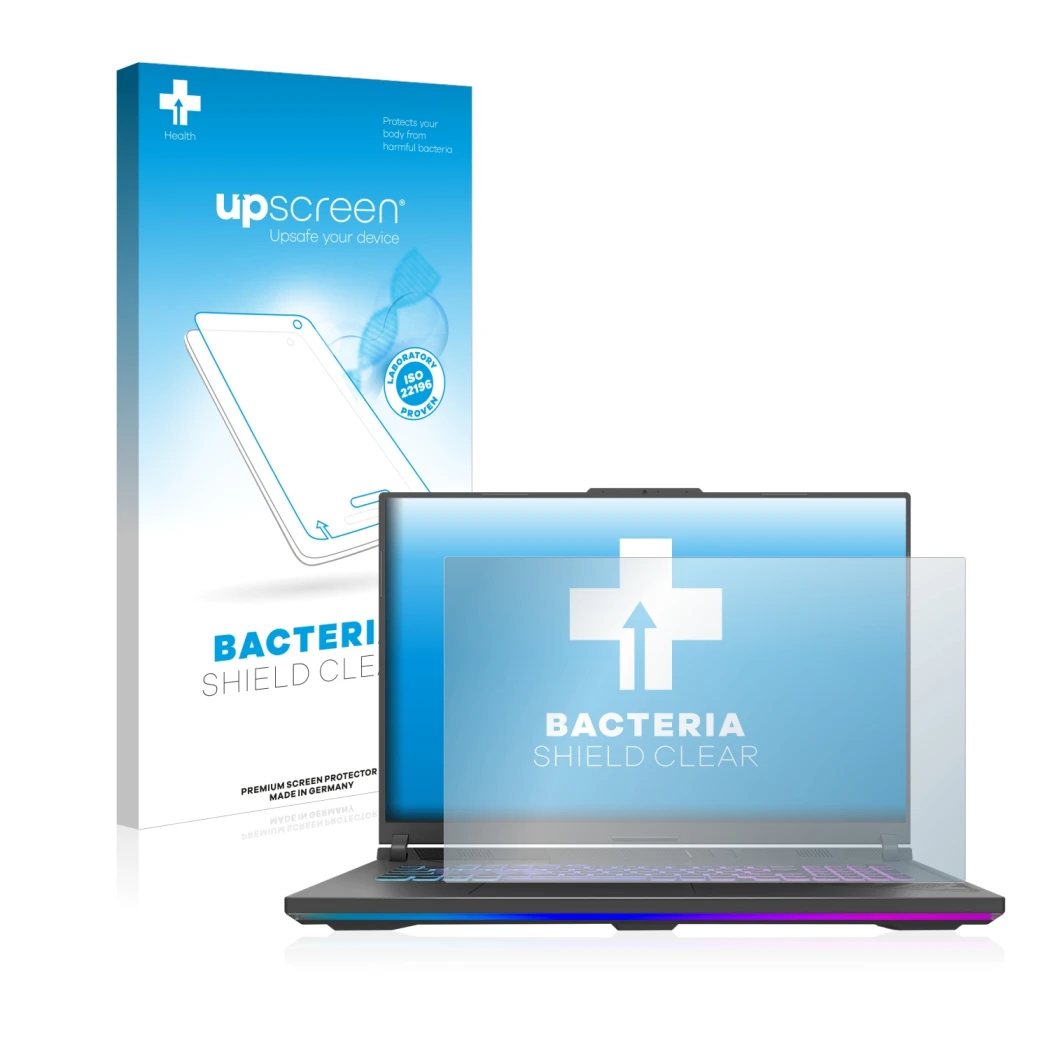 Face avant d’un emballage produit avec le logo de la marque upscreen. À côté, l’appareil ASUS ROG Strix G18 G814 2023 est repr