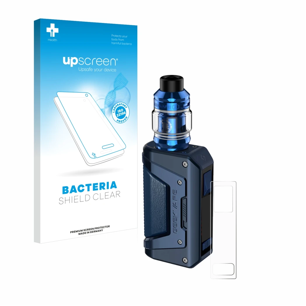 Face avant d’un emballage produit avec le logo de la marque upscreen. À côté, l’appareil GeekVape Aegis Legend 2 L200 est repr