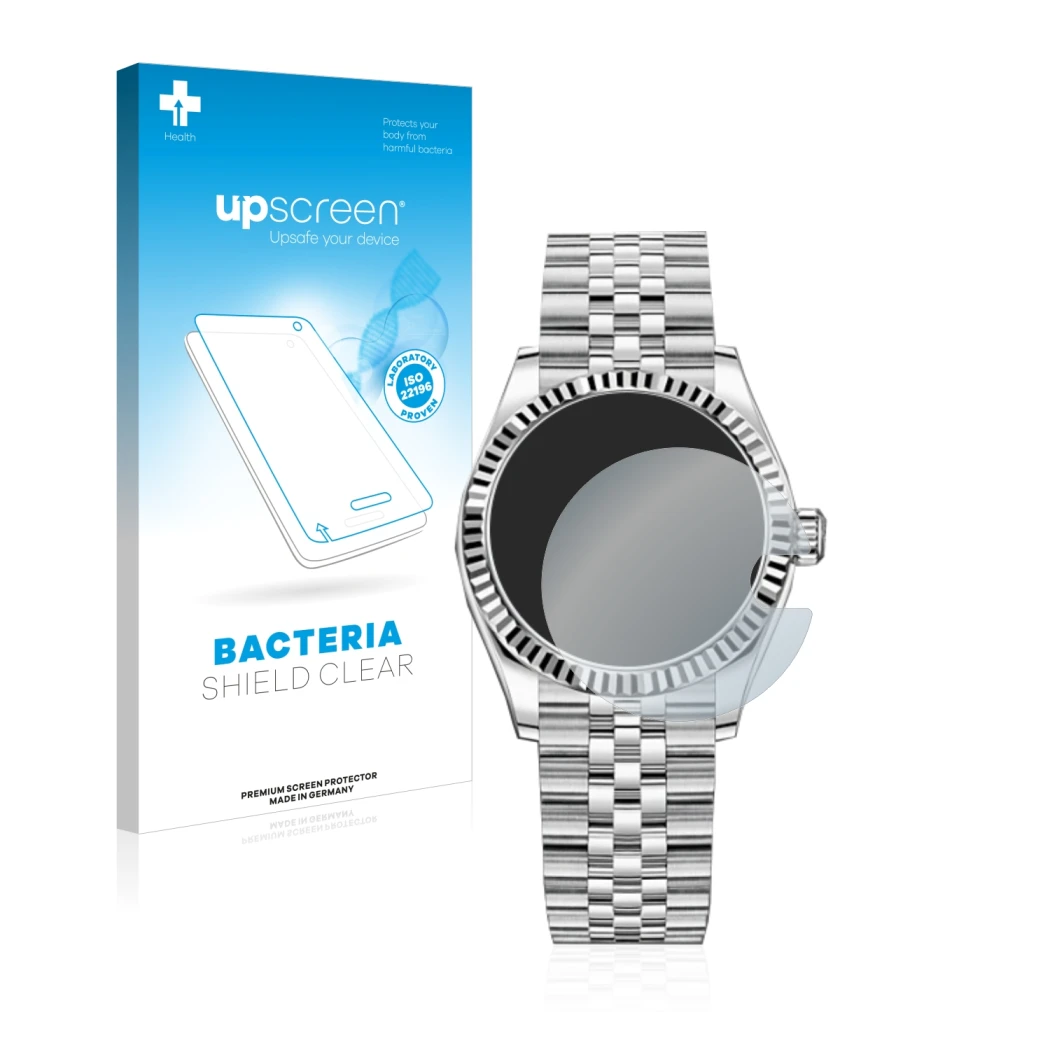 Face avant d’un emballage produit avec le logo de la marque upscreen. À côté, l’appareil Rolex Datejust 31 est représenté avec