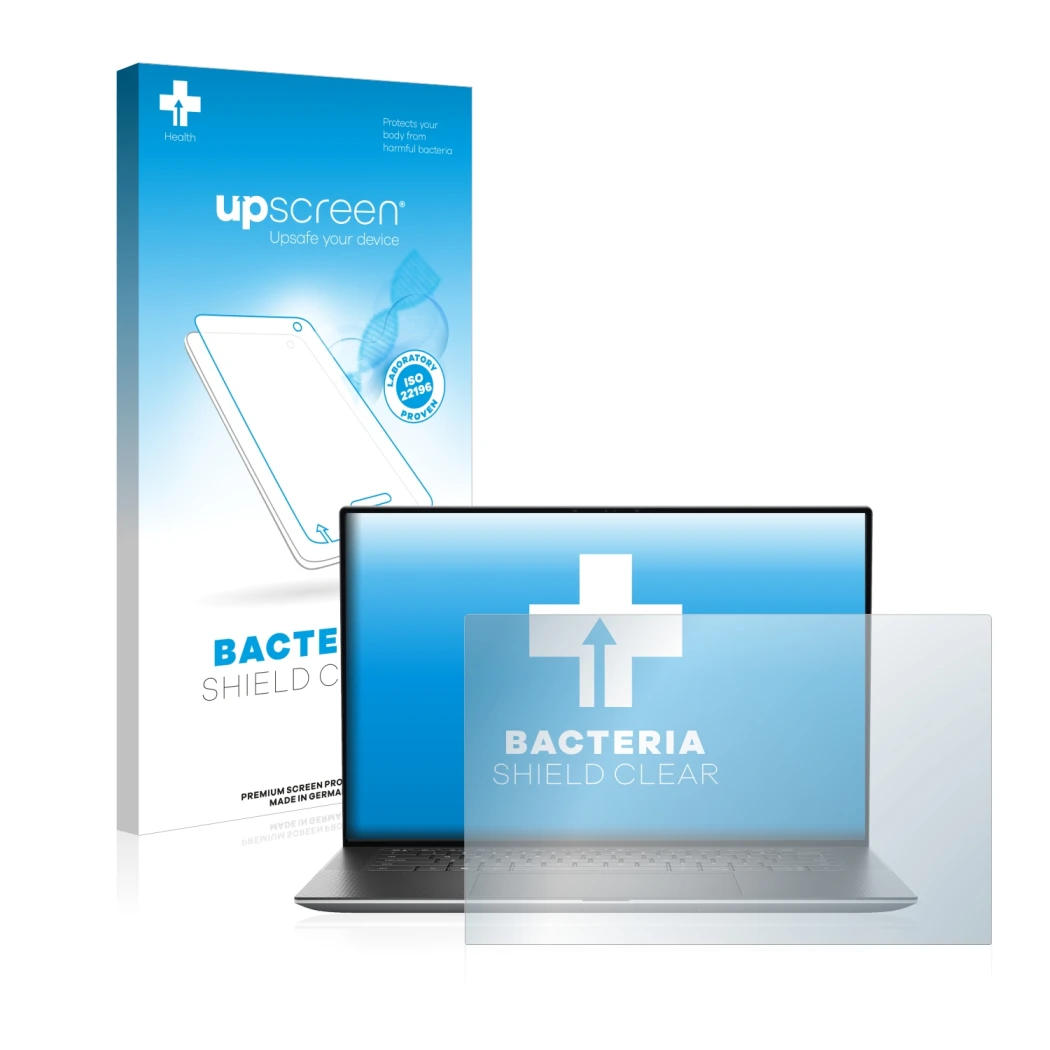 Face avant d’un emballage produit avec le logo de la marque upscreen. À côté, l’appareil Dell Precision 5570 Non-Touch est rep