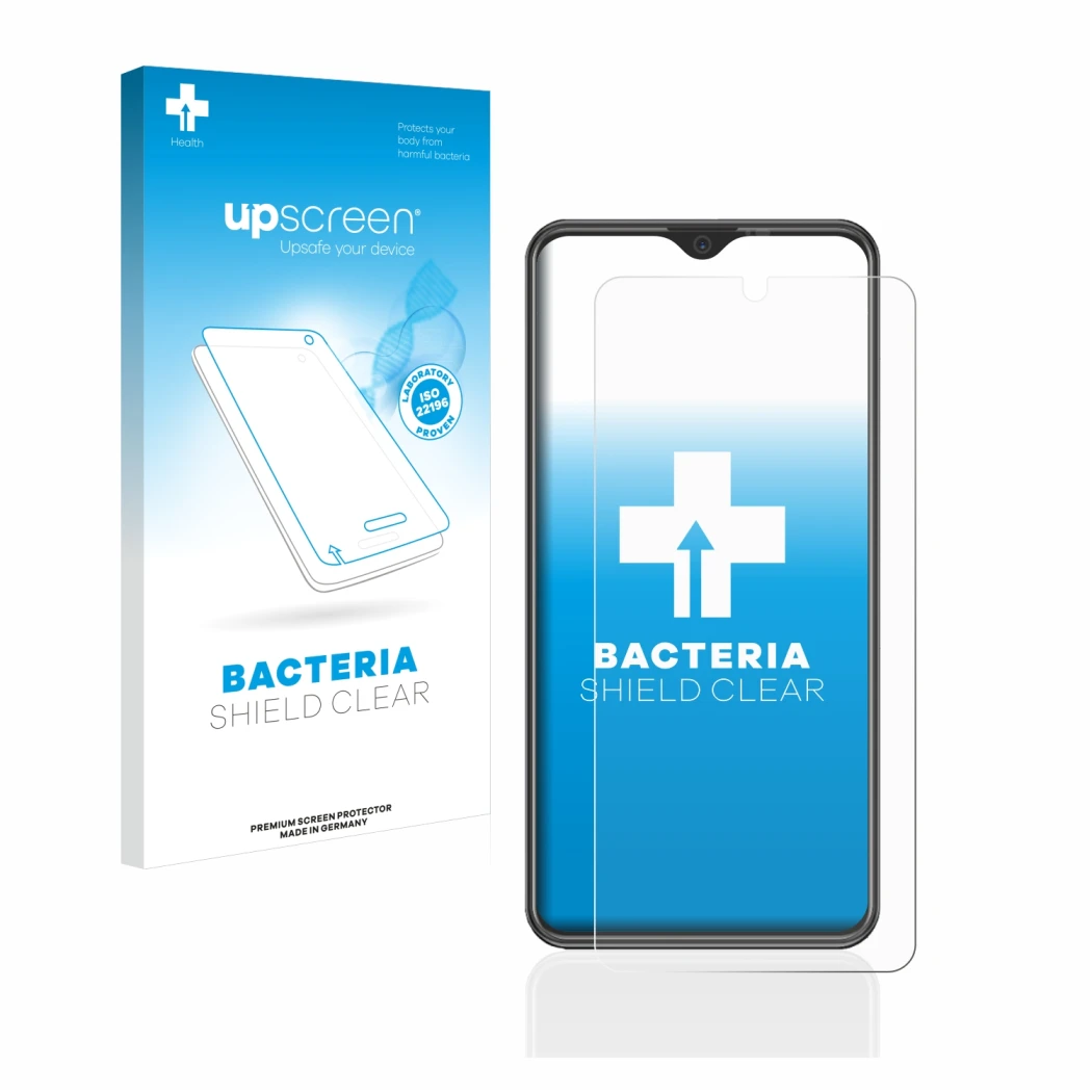 Face avant d’un emballage produit avec le logo de la marque upscreen. À côté, l’appareil Beafon M6s premium est représenté ave