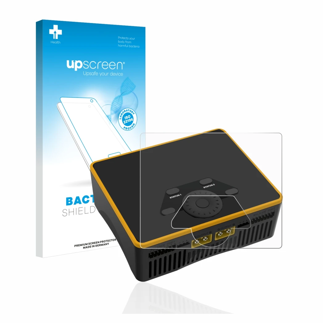 Face avant d’un emballage produit avec le logo de la marque upscreen. À côté, l’appareil Junsi iCharger DX6 est représenté ave