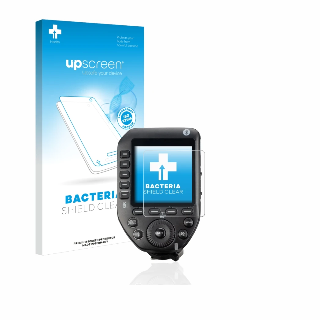 Face avant d’un emballage produit avec le logo de la marque upscreen. À côté, l’appareil Godox XPro II est représenté avec la 